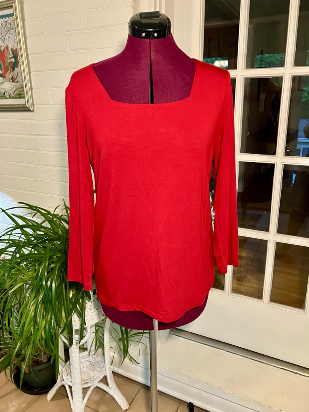 Chico's Red Square Neck Long Sleeve Top